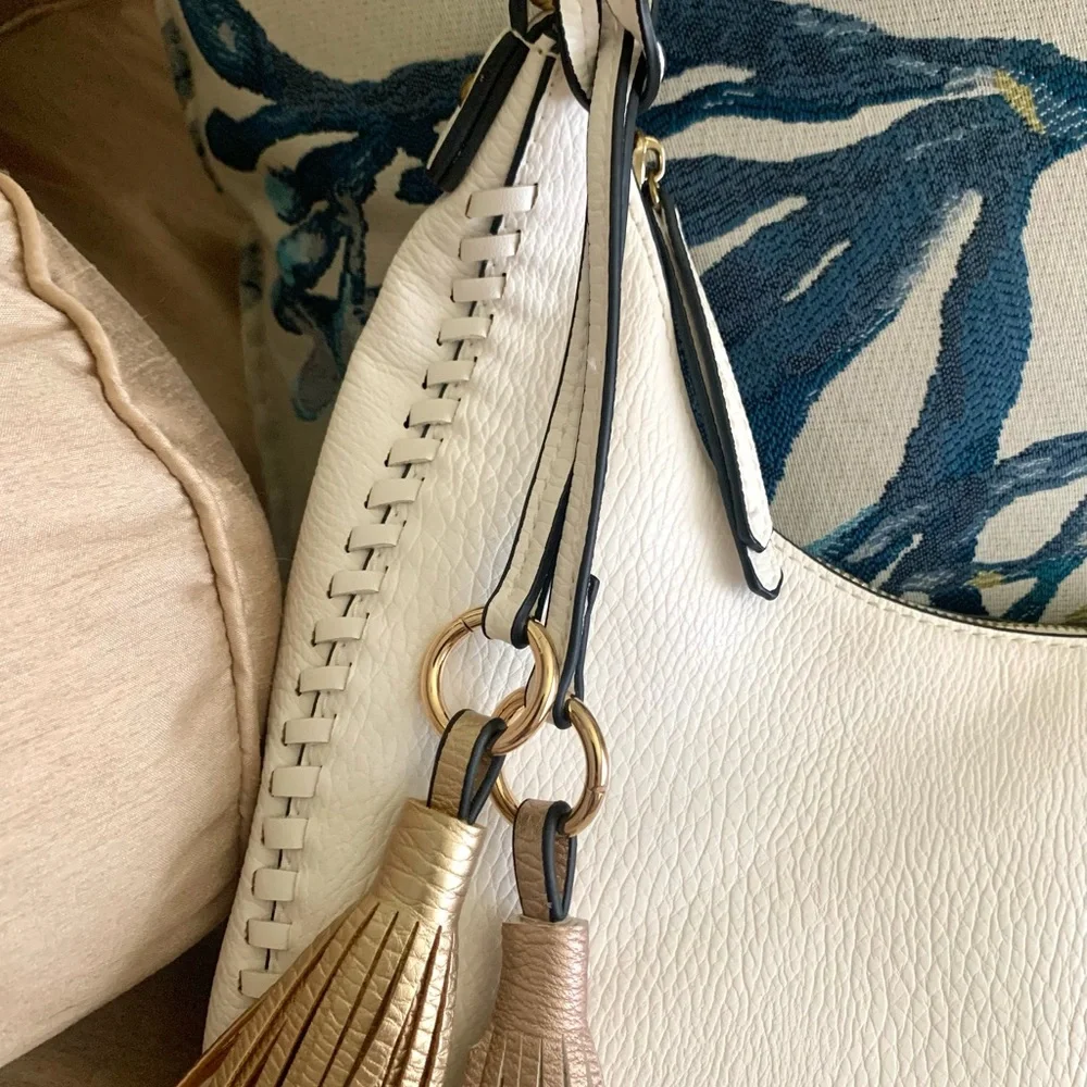 Sondra Roberts White Faux Pebble Leather Hobo Bag w Metallic Gold Braided Strap - Picture 8 of 15